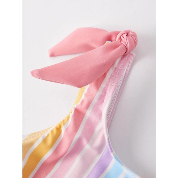 Rylee Faith Designs Girls 4 Swimsuit One Piece Rainbow Stripe Bow Shoulder NWT - Picture 3 of 9